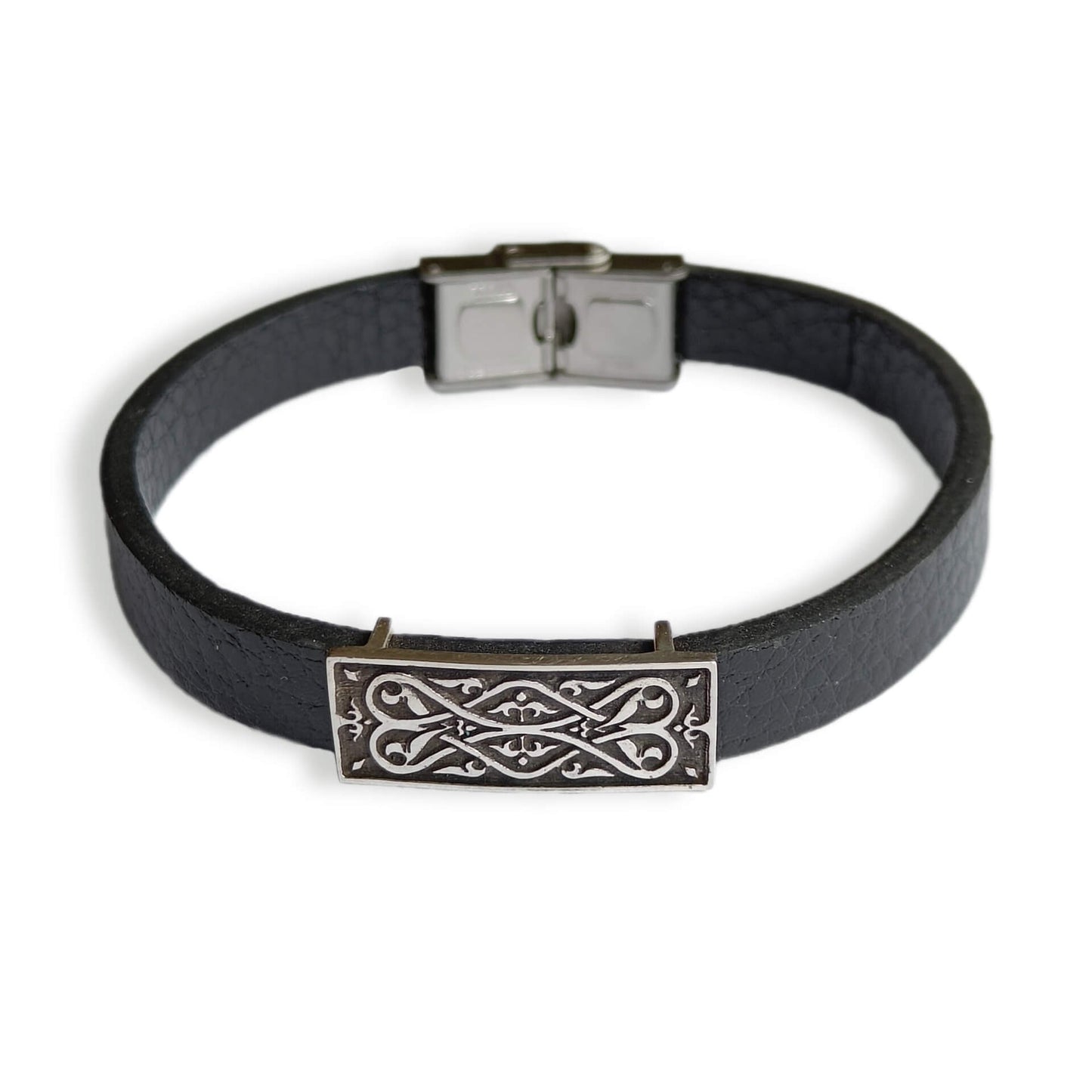 Ornamental Bird 925 Sterling Silver and Leather Bracelet