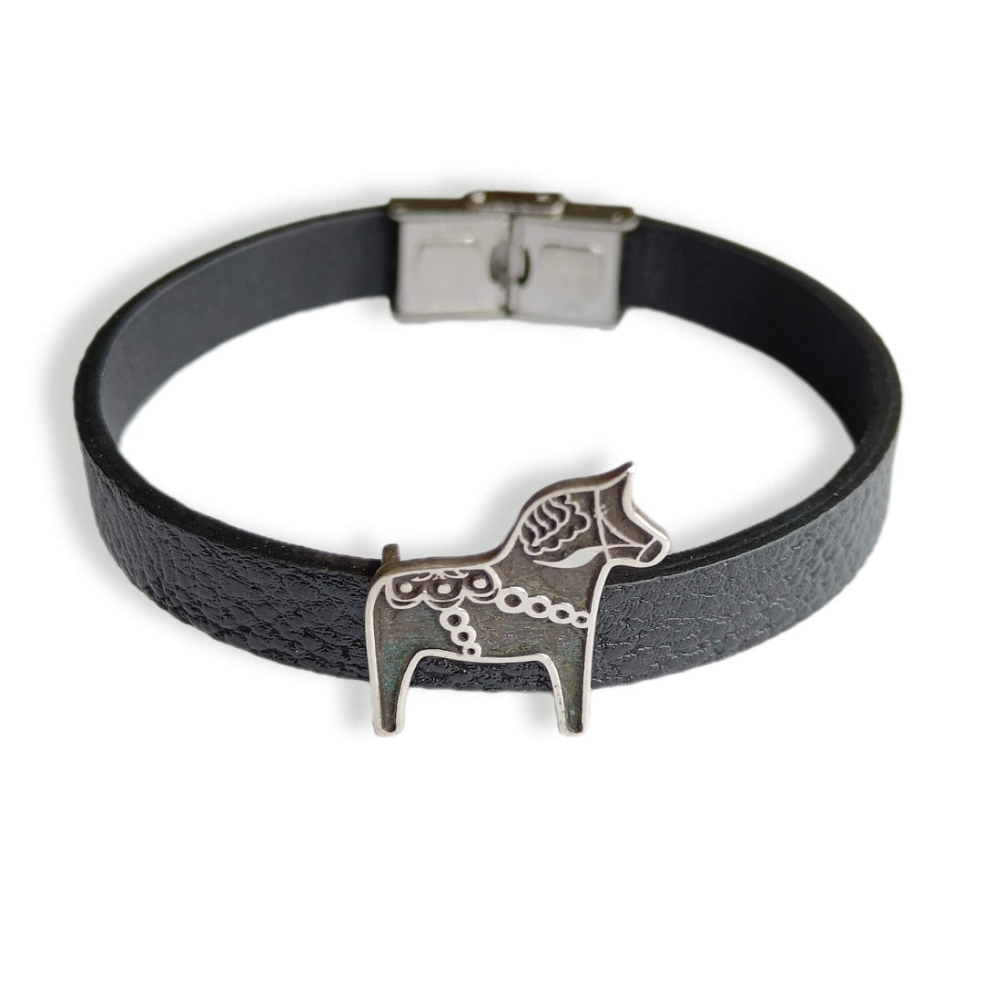 Dala Horse 925 Sterling Silver & Leather Bracelet