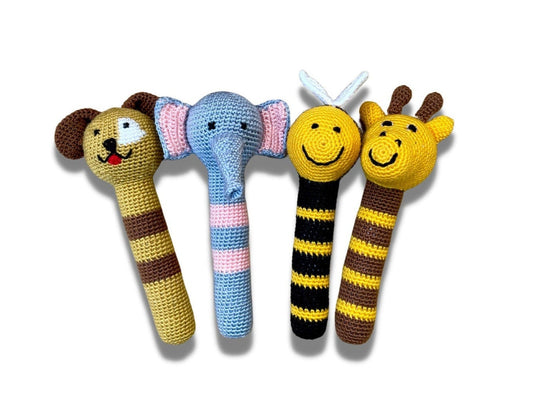 Crocheted Elephant, Giraffe, Puppy Dog or Bee Baby Stick Rattle